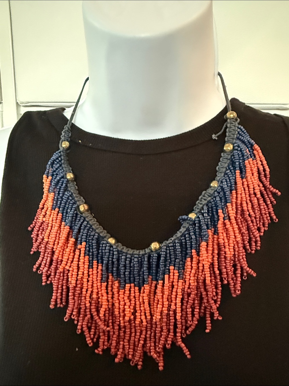 Beaded Fringe Statement Necklace in Coral and Navy